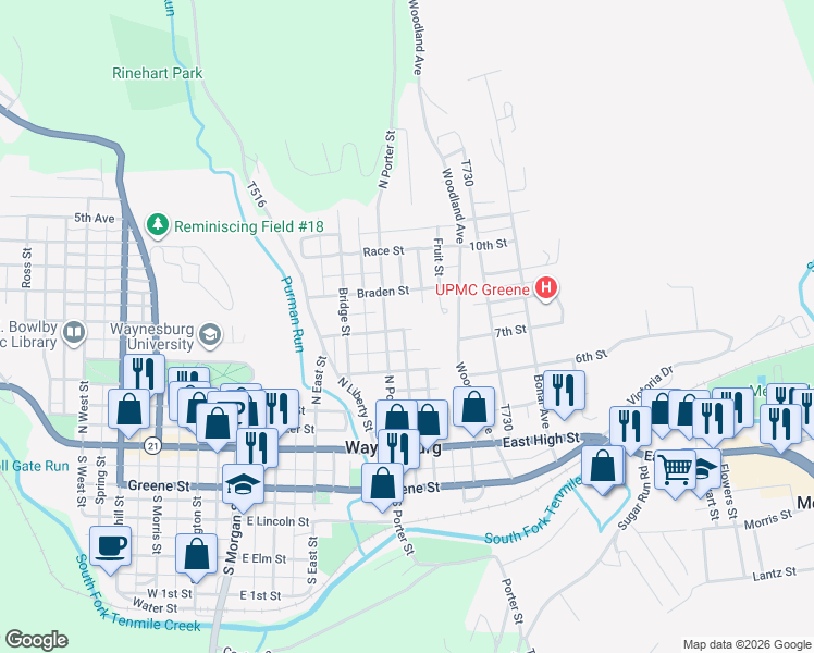 map of restaurants, bars, coffee shops, grocery stores, and more near 422 Sugar Run Road in Waynesburg