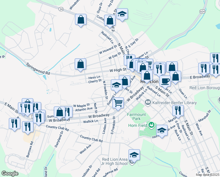 map of restaurants, bars, coffee shops, grocery stores, and more near 20 Railroad Avenue in Red Lion