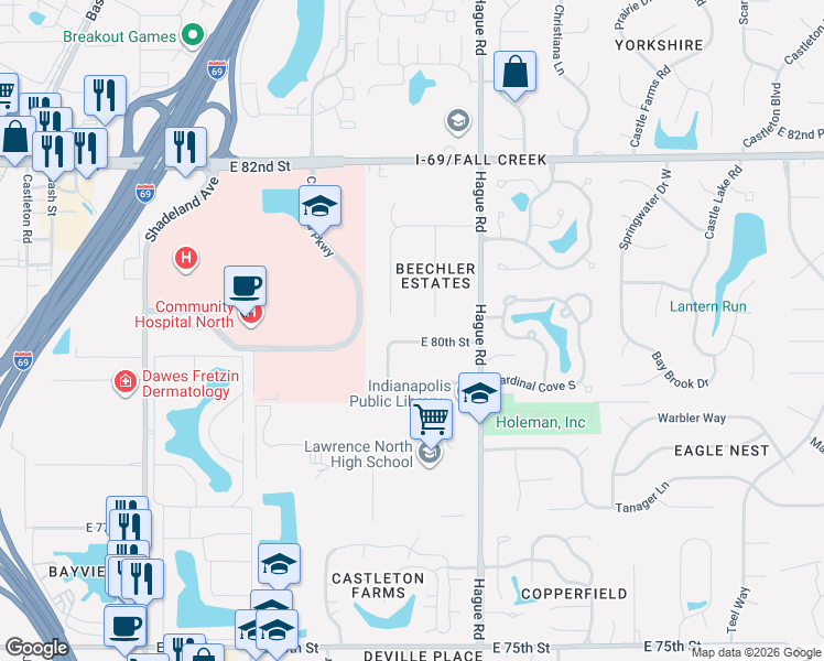 map of restaurants, bars, coffee shops, grocery stores, and more near 7522 E 80th St in Indianapolis