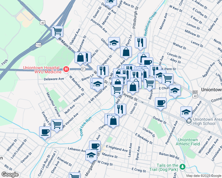 map of restaurants, bars, coffee shops, grocery stores, and more near 139 West Fayette Street in Uniontown