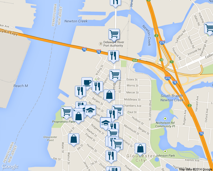 map of restaurants, bars, coffee shops, grocery stores, and more near 311 Mercer Street in Gloucester City