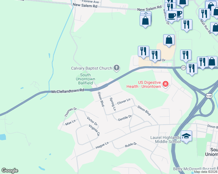 map of restaurants, bars, coffee shops, grocery stores, and more near 415 McClellandtown Road in Uniontown