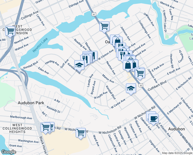 map of restaurants, bars, coffee shops, grocery stores, and more near 167 Kendall Boulevard in Oaklyn