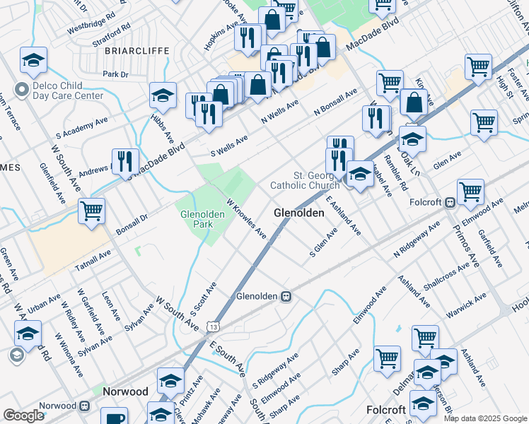 map of restaurants, bars, coffee shops, grocery stores, and more near 119 S Scott Ave in Glenolden