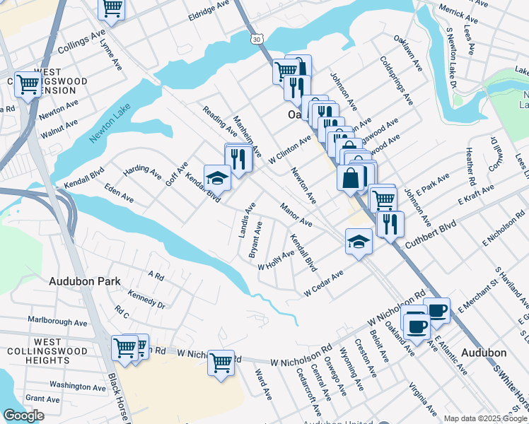 map of restaurants, bars, coffee shops, grocery stores, and more near 167 Kendall Boulevard in Oaklyn