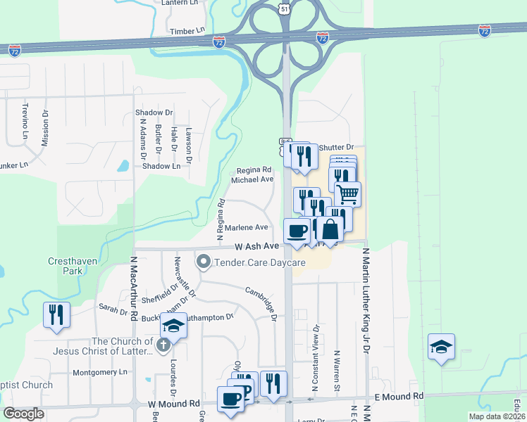 map of restaurants, bars, coffee shops, grocery stores, and more near 4301 Huston Hills Road in Decatur