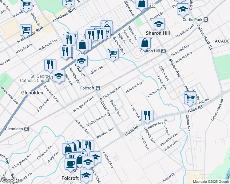 map of restaurants, bars, coffee shops, grocery stores, and more near 1521 Elmwood Avenue in Folcroft
