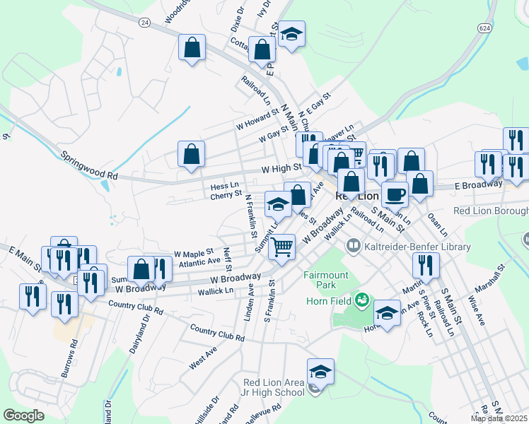 map of restaurants, bars, coffee shops, grocery stores, and more near 20 Railroad Avenue in Red Lion