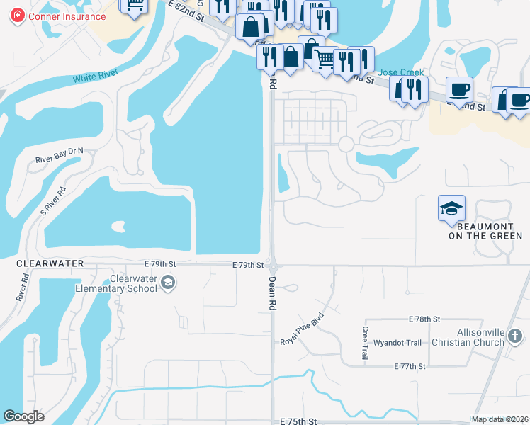 map of restaurants, bars, coffee shops, grocery stores, and more near 7996 Dean Road in Indianapolis