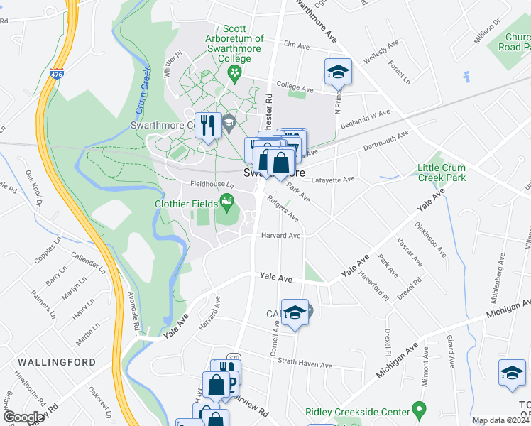 map of restaurants, bars, coffee shops, grocery stores, and more near 111 South Chester Road in Swarthmore