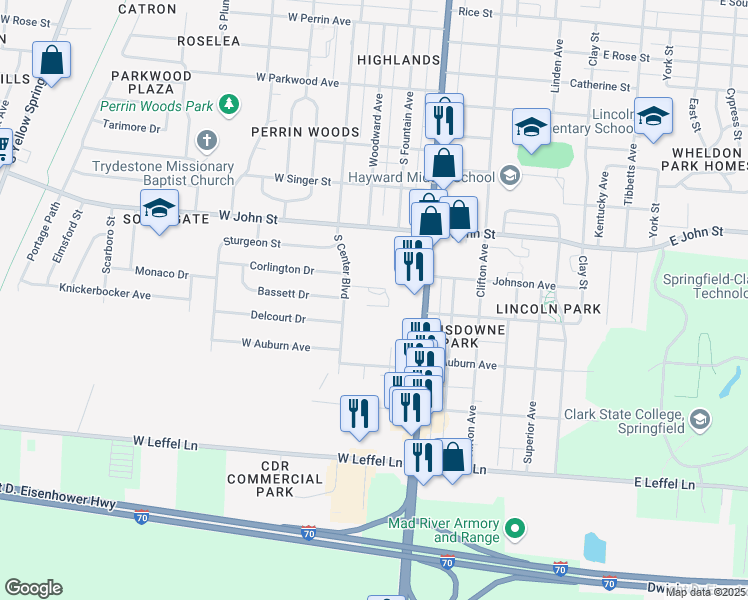 map of restaurants, bars, coffee shops, grocery stores, and more near 17 West Johnson Avenue in Springfield