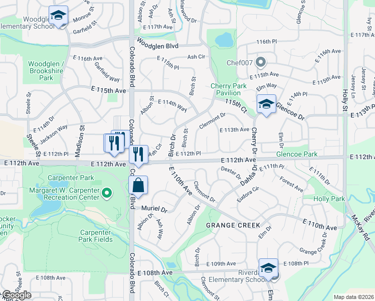map of restaurants, bars, coffee shops, grocery stores, and more near 11266 Birch Street in Thornton