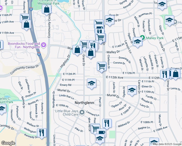 map of restaurants, bars, coffee shops, grocery stores, and more near 11180 Grant Drive in Northglenn