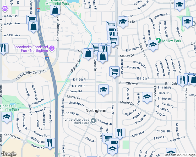 map of restaurants, bars, coffee shops, grocery stores, and more near 11180 Grant Drive in Northglenn