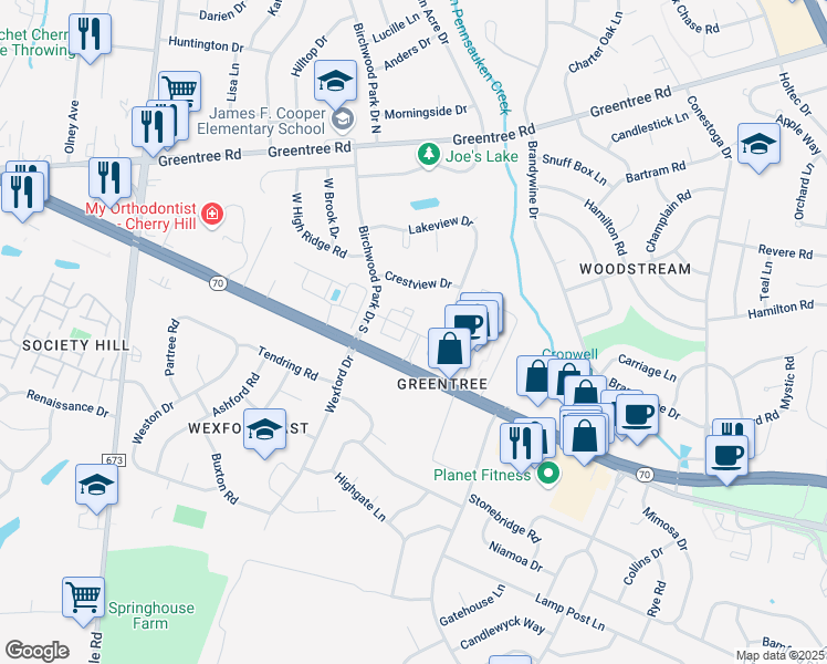 map of restaurants, bars, coffee shops, grocery stores, and more near 150 Greene Lane in Cherry Hill