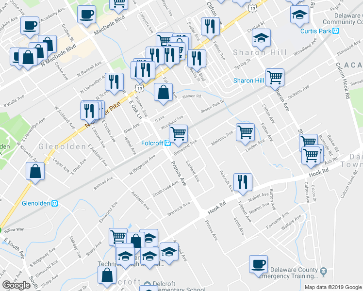 map of restaurants, bars, coffee shops, grocery stores, and more near 1546 Elmwood Avenue in Folcroft