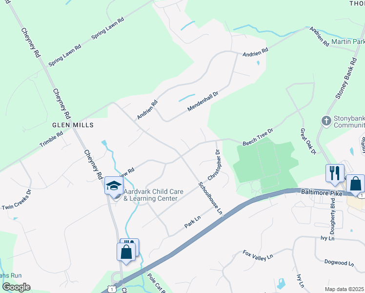 map of restaurants, bars, coffee shops, grocery stores, and more near 4 Anvil Court in Glen Mills