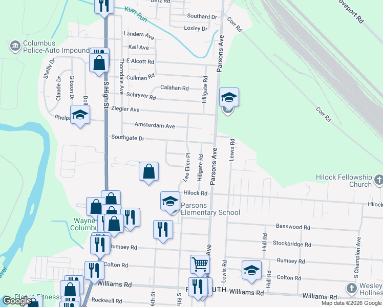 map of restaurants, bars, coffee shops, grocery stores, and more near 3103 Hillgate Road in Columbus