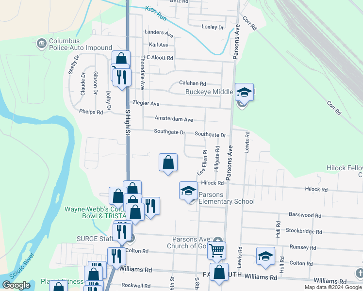 map of restaurants, bars, coffee shops, grocery stores, and more near 3033 Markham Road in Columbus
