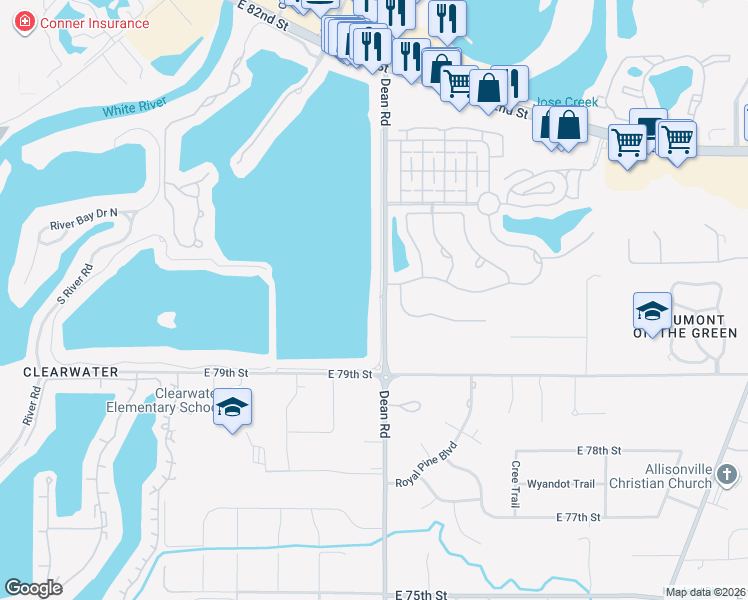 map of restaurants, bars, coffee shops, grocery stores, and more near 7996 Dean Road in Indianapolis