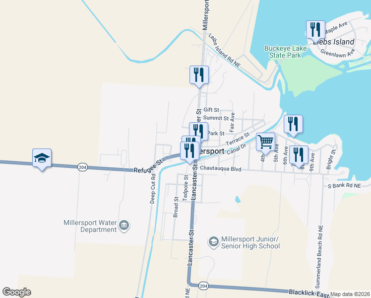 map of restaurants, bars, coffee shops, grocery stores, and more near 2438 Refugee Street in Millersport