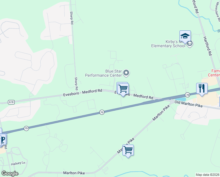 map of restaurants, bars, coffee shops, grocery stores, and more near 13 Medford Evesboro Road in Medford