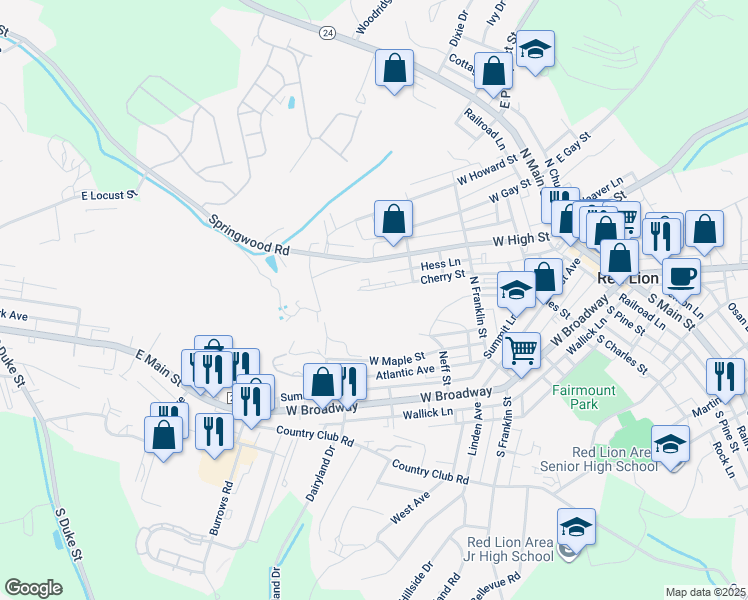 map of restaurants, bars, coffee shops, grocery stores, and more near 382 Cherry Street in Red Lion