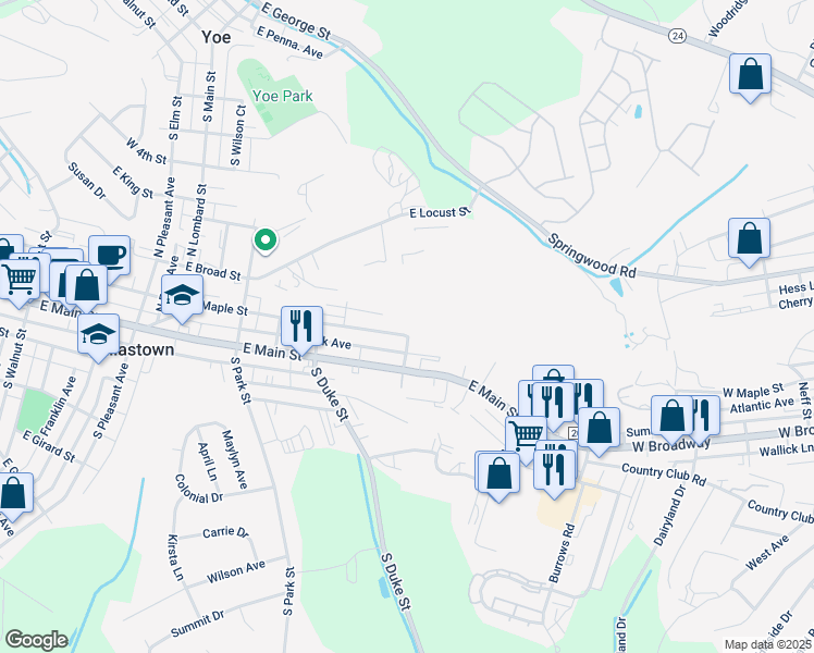 map of restaurants, bars, coffee shops, grocery stores, and more near 599 East Maple Street in Dallastown