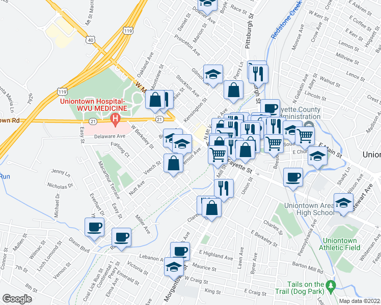 map of restaurants, bars, coffee shops, grocery stores, and more near 30 South Mount Vernon Avenue in Uniontown