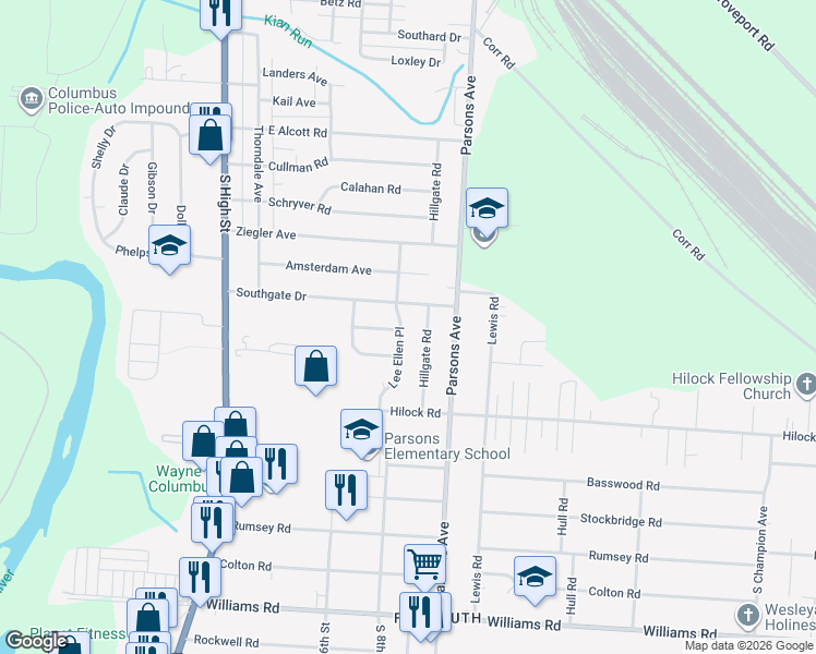 map of restaurants, bars, coffee shops, grocery stores, and more near 3103 Hillgate Road in Columbus
