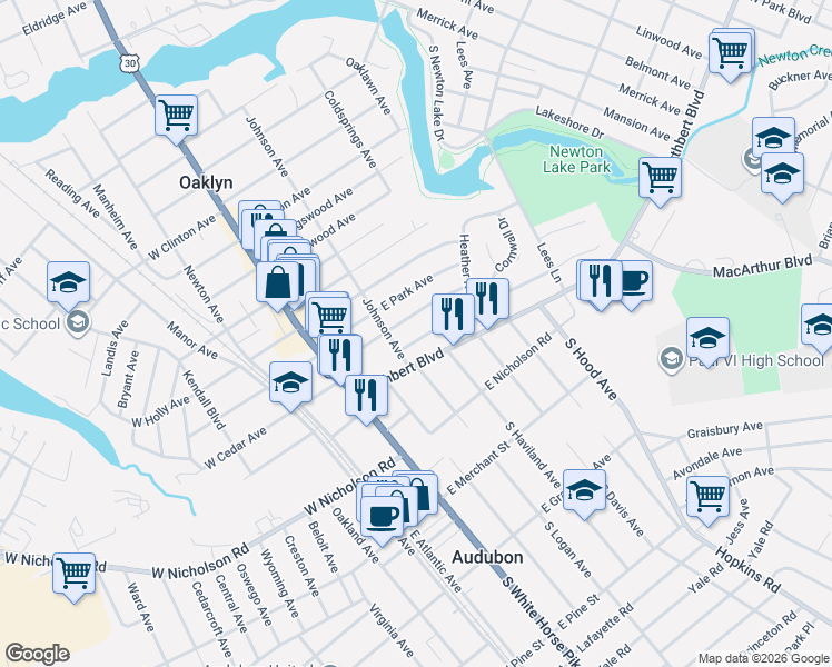 map of restaurants, bars, coffee shops, grocery stores, and more near 38 East Kraft Avenue in Oaklyn
