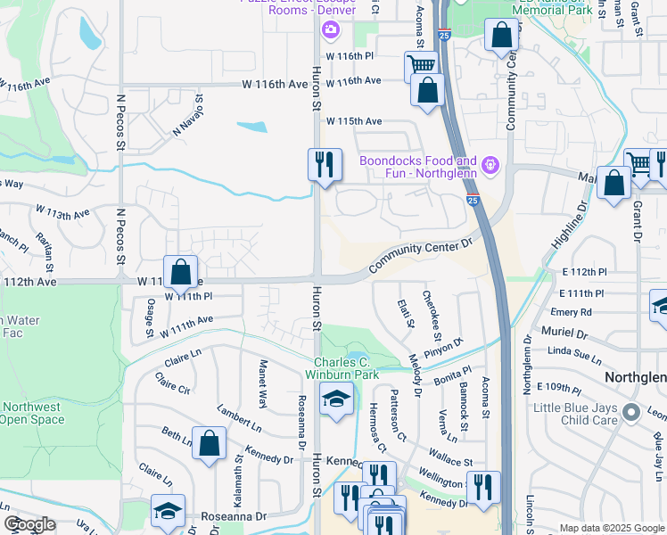 map of restaurants, bars, coffee shops, grocery stores, and more near 11210 Huron St in Northglenn