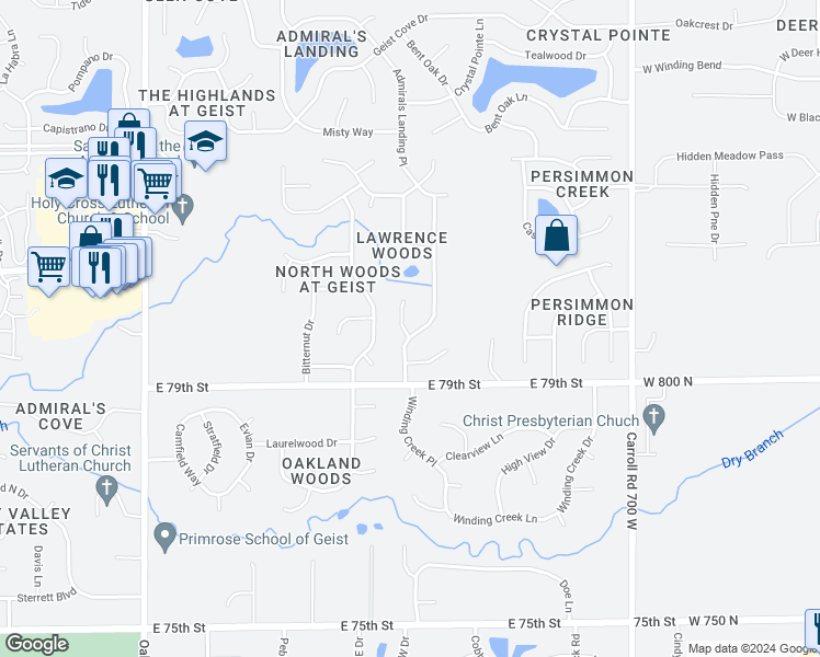 map of restaurants, bars, coffee shops, grocery stores, and more near 7951 Lawrence Woods Court in Indianapolis