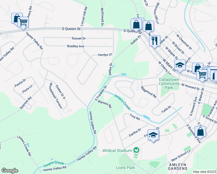 map of restaurants, bars, coffee shops, grocery stores, and more near 223 South Franklin Street in Dallastown