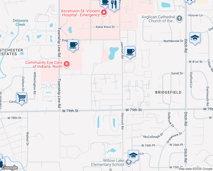 map of restaurants, bars, coffee shops, grocery stores, and more near 8021 Egret Lane in Indianapolis
