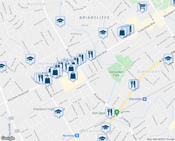 map of restaurants, bars, coffee shops, grocery stores, and more near 413 Benson Avenue in Glenolden