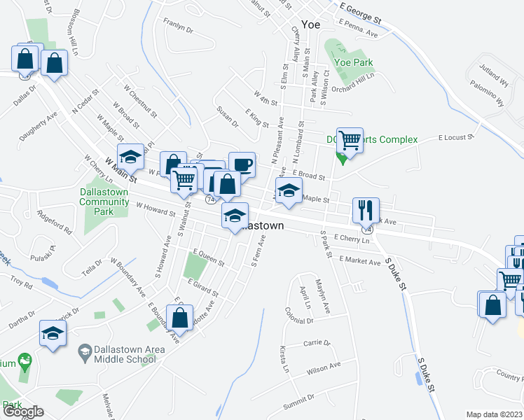 map of restaurants, bars, coffee shops, grocery stores, and more near 201 East Main Street in Dallastown