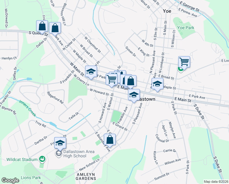 map of restaurants, bars, coffee shops, grocery stores, and more near 21 East Howard Street in Dallastown