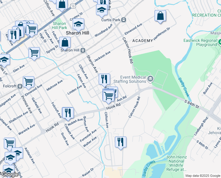 map of restaurants, bars, coffee shops, grocery stores, and more near 912 Pine Road in Sharon Hill