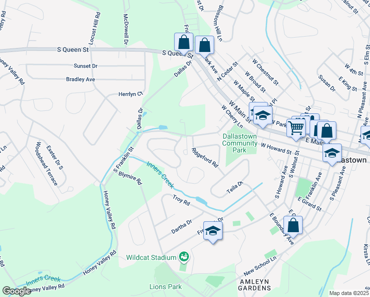 map of restaurants, bars, coffee shops, grocery stores, and more near 97 South Franklin Street in Dallastown