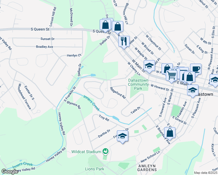 map of restaurants, bars, coffee shops, grocery stores, and more near 412 Ridgeford Road in Dallastown