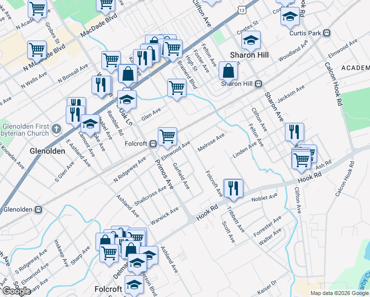 map of restaurants, bars, coffee shops, grocery stores, and more near 1521 Elmwood Avenue in Folcroft