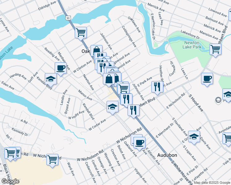 map of restaurants, bars, coffee shops, grocery stores, and more near White Horse Pike & East Holly Avenue in Oaklyn