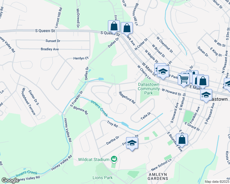 map of restaurants, bars, coffee shops, grocery stores, and more near 97 South Franklin Street in Dallastown