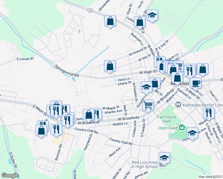 map of restaurants, bars, coffee shops, grocery stores, and more near 316 Cherry Street in Red Lion