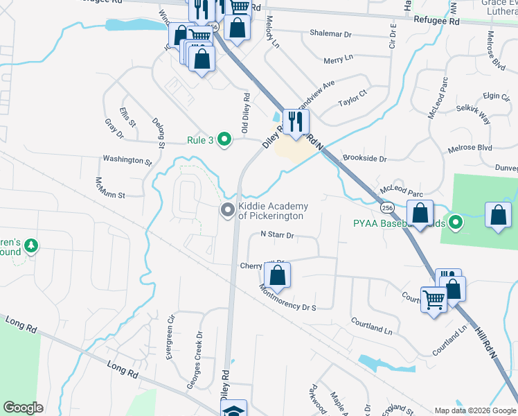 map of restaurants, bars, coffee shops, grocery stores, and more near 780 Diley Road in Pickerington