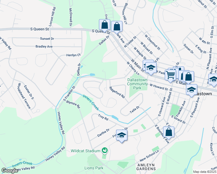 map of restaurants, bars, coffee shops, grocery stores, and more near 412 Ridgeford Road in Dallastown