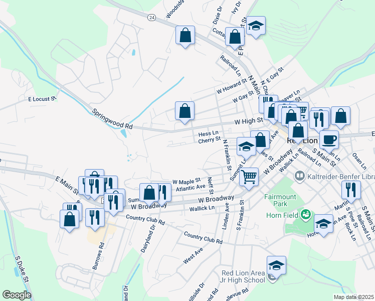 map of restaurants, bars, coffee shops, grocery stores, and more near 316 Cherry Street in Red Lion