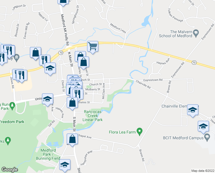 map of restaurants, bars, coffee shops, grocery stores, and more near 71 Mulberry Street in Medford