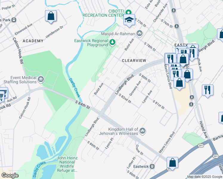 map of restaurants, bars, coffee shops, grocery stores, and more near 8201 Lindbergh Boulevard in Philadelphia